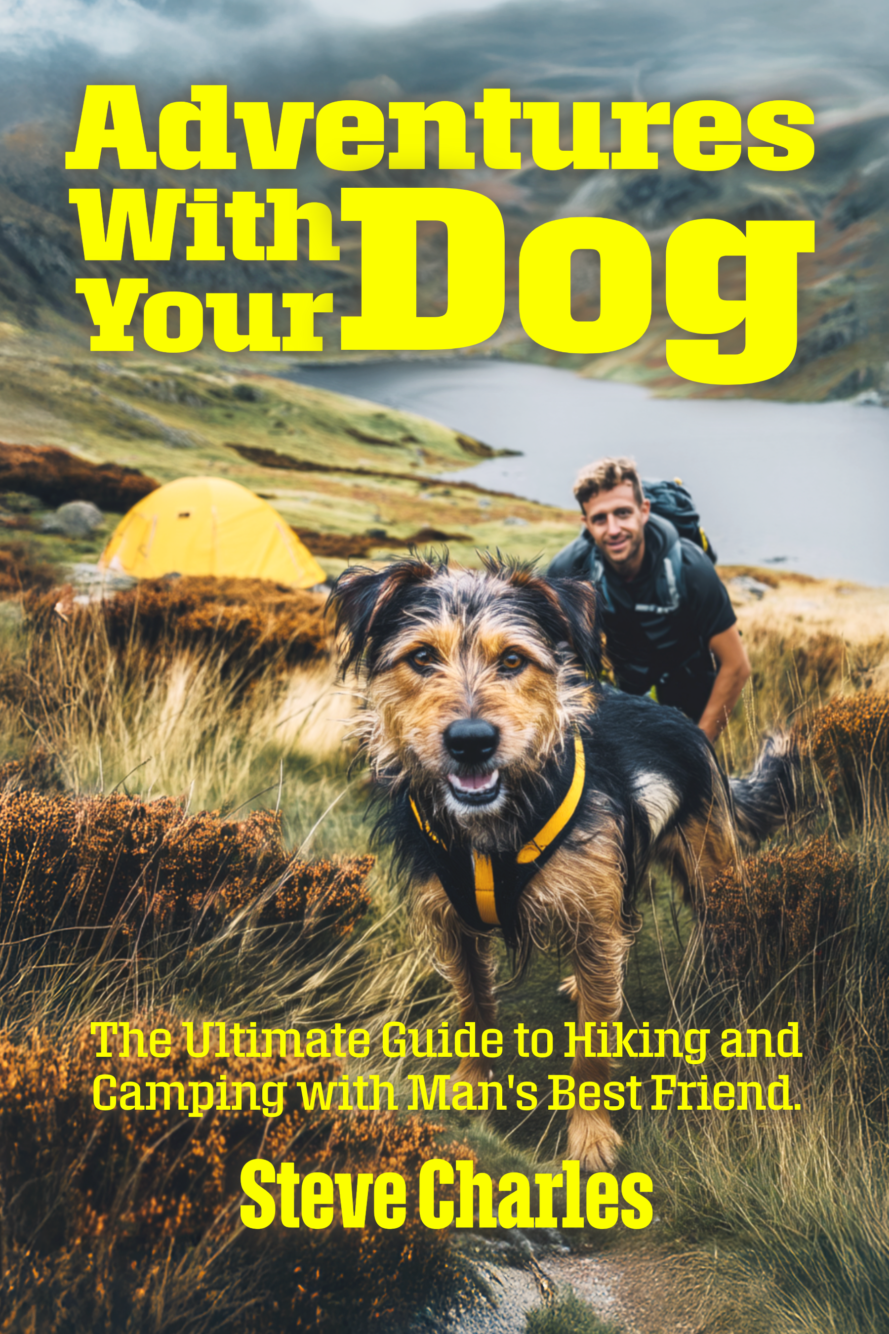 Adventures With Your Dog book cover — a man and his terrier on a mountain trail with yellow tent and lake